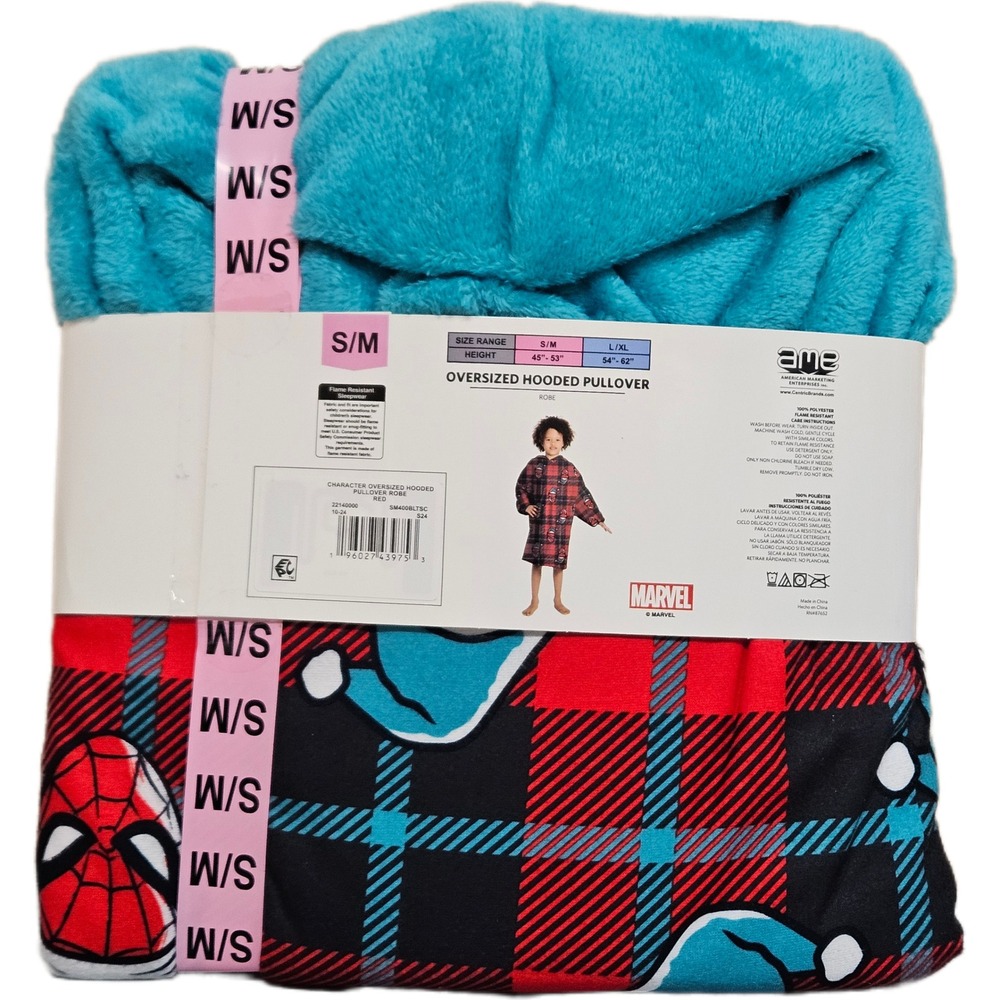 NWT Marvel Spider-Man Kids Oversized Hooded Pullover Robe Red Plaid Size S/M - Picture 5 of 8